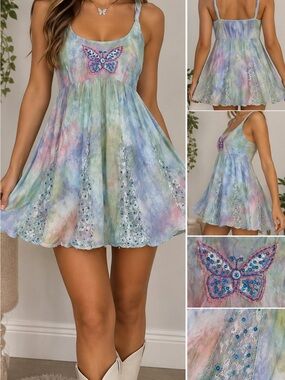 Blue Sky Y2K Fairycore Tie Dye Butterfly Babydoll Dress Size L